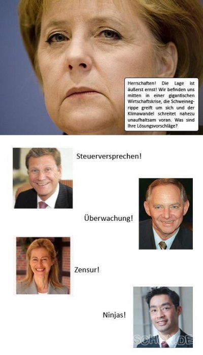 Bundeskanzlerin Merkel, Minister/in Leyen, Schäuble, Westerwelle, Rösler